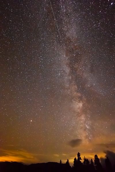 La voie lactée brillante sur le ciel de sang-maroon au-dessus de la forêt, notre halctica. par Michael Semenov