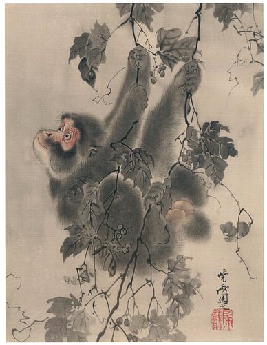 Kawanabe Kyōsai - Monkey hanging from vines