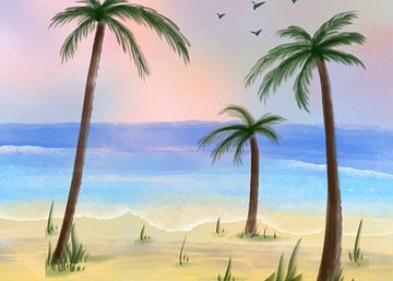 Plage de cocotiers en été - Gouache sur Gisela- Art for You