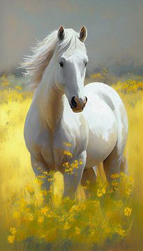 Witte paard tussen de gele bloemen van But First Framing