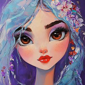 Mädchen mit großen Augen | Gemälde von Frauen mit großen Augen und Blumen von Blickfänger Gemälde