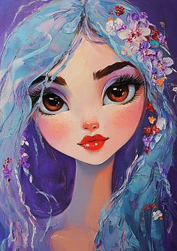 Grote ogen meisje | Vrouwen schilderij met grote ogen en bloemen van Blikvanger Schilderijen