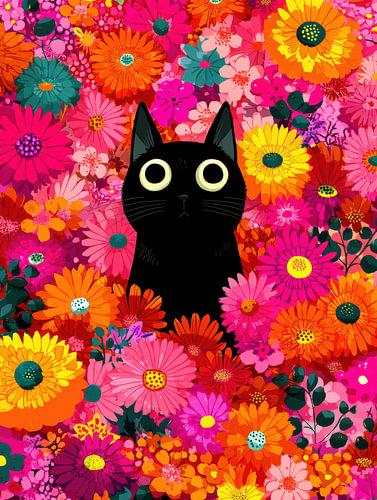 Black cat surrounded by vibrant colorful flowers