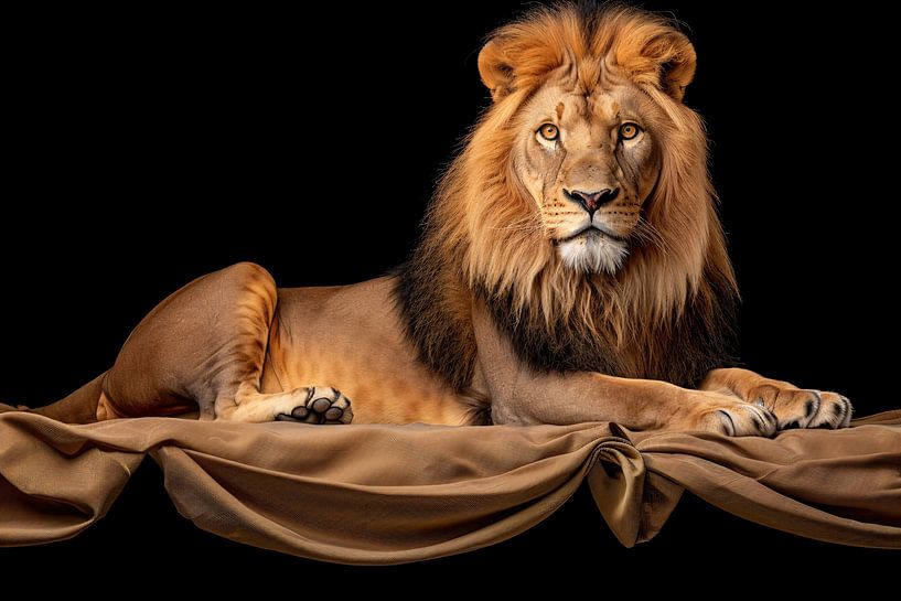 Lion au repos sur fond de tissu par Imperial Art House
