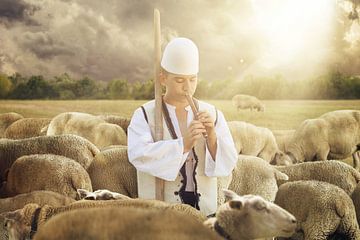 Herder in klederdracht omringd door een kudde schapen van Besa Art