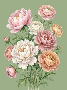 Zartes Pfingstrosen-Bouquet Aquarell Salbeigrün