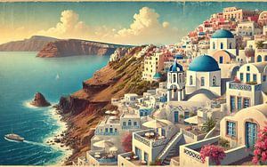 Vintage Santorini Cliffside Poster, Griechenland