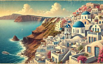Vintage Santorini Cliffside Poster, Griekenland