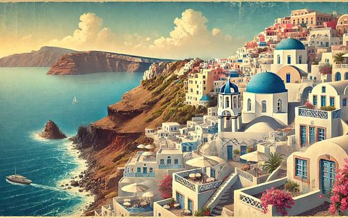 Vintage Santorini Cliffside Poster, Griekenland