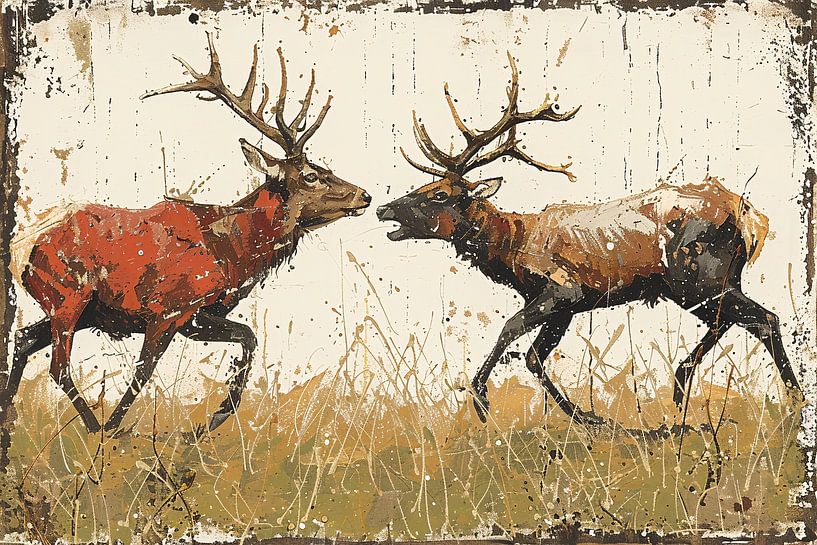 Two Deer Fighting Forest by Art & Soul Creations