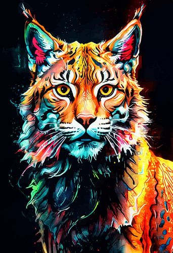 Lynx Neon Watercolor Artwork – Ontwijkende wilde dieren Hedendaagse wanddecoratie