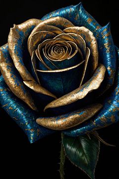 Gouden Schittering op Blauwe Roos van De Muurdecoratie