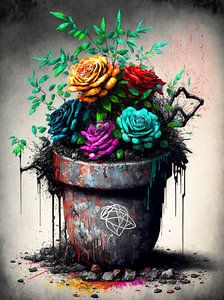 graffiti roses multicolores pot morbide pierres surréalistes gribouillis