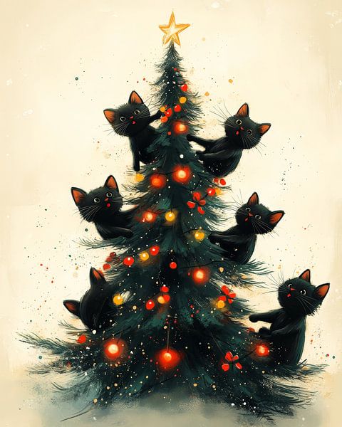 Festliche Katzen und der Weihnachtsbaum von Hikmah Hidahasbi