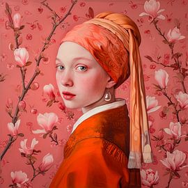 Mädchen mit einem Perlenohrring in Hot Orange von Vlindertuin-Art