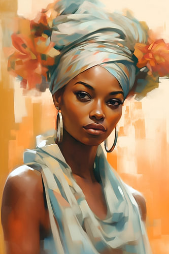 Femme africaine avec un foulard vert menthe et des fleurs