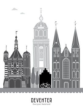 Illustration de la ligne d'horizon de la ville de Deventer noir-blanc-gris sur Mevrouw Emmer