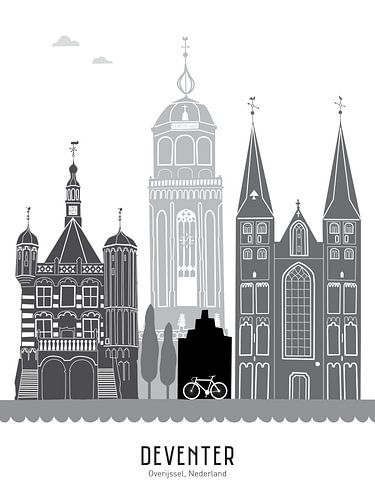 Skyline illustration city of Deventer black-white-grey