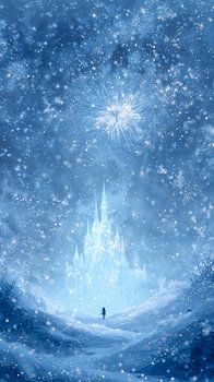 IJskasteel in Vallende Sneeuw en Sprankelend Licht