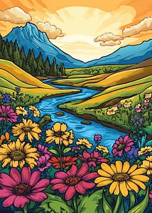 Blumenwiese am Fluss bei Sonnenuntergang