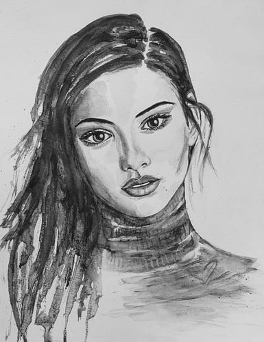 Frau Porträt Aquarell schwarz und weiß