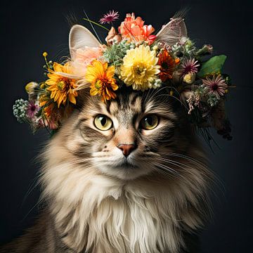 Portret kat met zomerse bloemenkrans muurdecoratie van Vlindertuin-Art