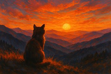 Cat looks over mountain landscape by Imperial Art House