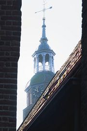 Der Glockenturm von Blokzijl über den sonnigen Dächern der ruhigen Stadt