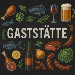 Illustration de Gaststätte sur tableau noir avec poisson, bière et viande