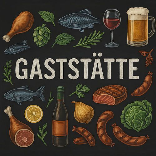 Gaststätte illustratie op schoolbord met vis, bier en vlees
