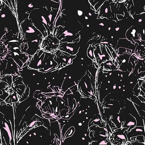 Schets van bloemen in wit en roze tinten op antraciet kleurige achtergrond. Modern chique stijl
