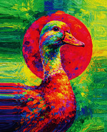 Rainbow Duck Portrait – Vivid Impressionist Painting by RAMYHEFNY-GALLERY