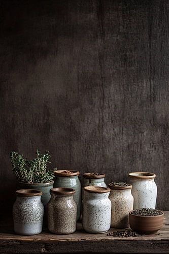 Keramische kruidenpotten in stilleven