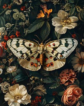 Papillon de nuit parmi des fleurs colorées sur But First Framing
