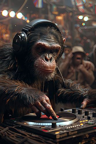 Coole aap met koptelefoon als DJ op draaitafels