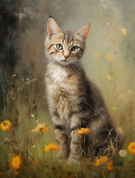 Jeune chat parmi les fleurs jaunes par Emil Husstege