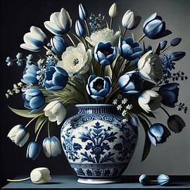 Delft blue vase still life with tulips - modern classic artwork by Kleurenrijk