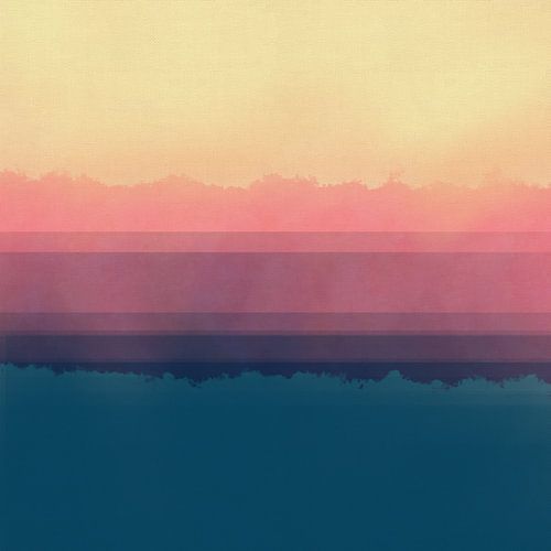 Abstract landschap in neonroze, zachtblauw en beige