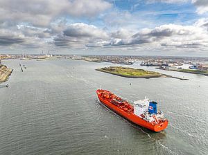 Tanker ship entering the port of IJmuiden seen from above