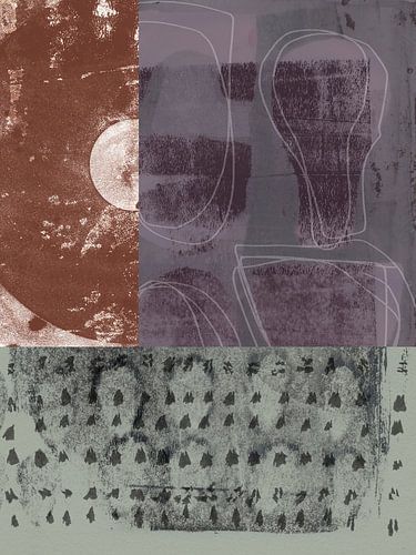 Abstracte organische en geometrische vormen. Collage in paars, terra, grijs.