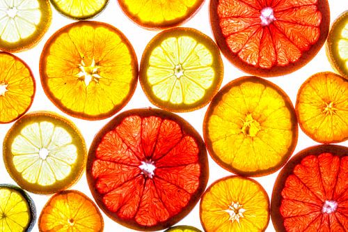 Collage van schijfjes fruit met een witte achtergrond.