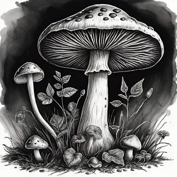 Illustration de champignon mystique - œuvre d'art en noir et blanc à l'aspect aquarelle