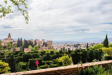 zicht op de tuinen en torens van het Alhambra in Andalusie van Jos van den berg