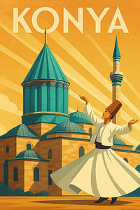 Konya Art Deco Poster - Wirbelnder Derwisch und Mevlana Museum