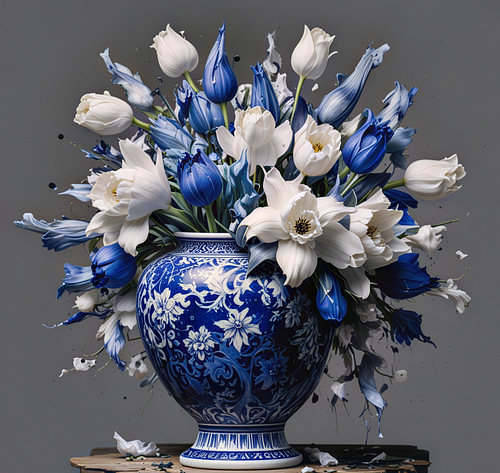 Modern art delfts blauwe vaas met witte en blauwe tulpen.