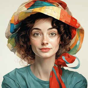 Junge Frau Portrait großer bunter Stoffhut Momentaufnahme