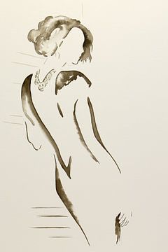 De eerste date (aquarel schilderij portret vrouw avondjurk ketting silhouet mooi dame  sepia flirten van Natalie Bruns