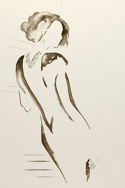 De eerste date (aquarel schilderij portret vrouw avondjurk ketting silhouet mooi dame  sepia flirten van Natalie Bruns