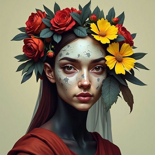 Bloemenziel – Vrouwelijk Portret met Weelderige Bloemen