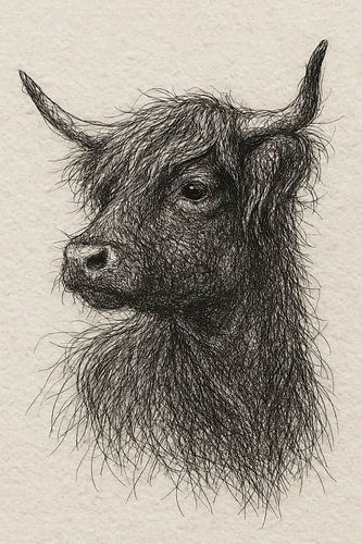 Draad portret Schotse Hooglander (koe hoorns line-art boerderij aards krachtig neutraal)